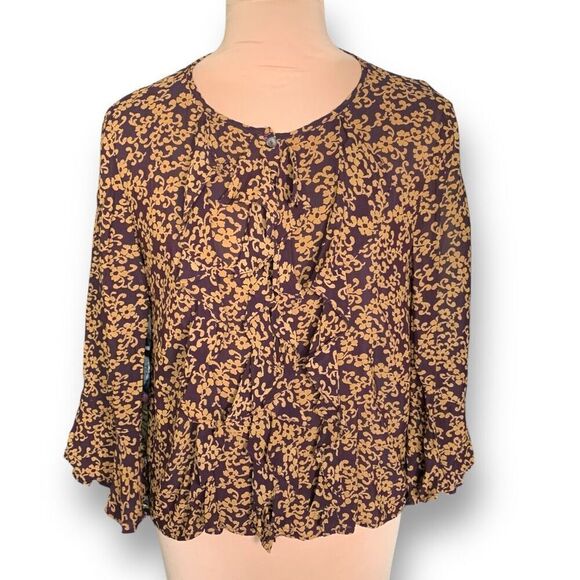 Vintage 90s Blouse Purple Ruffle Front Pirate Dark Floral Bell Long Sleeve Sheer - Picture 1 of 9
